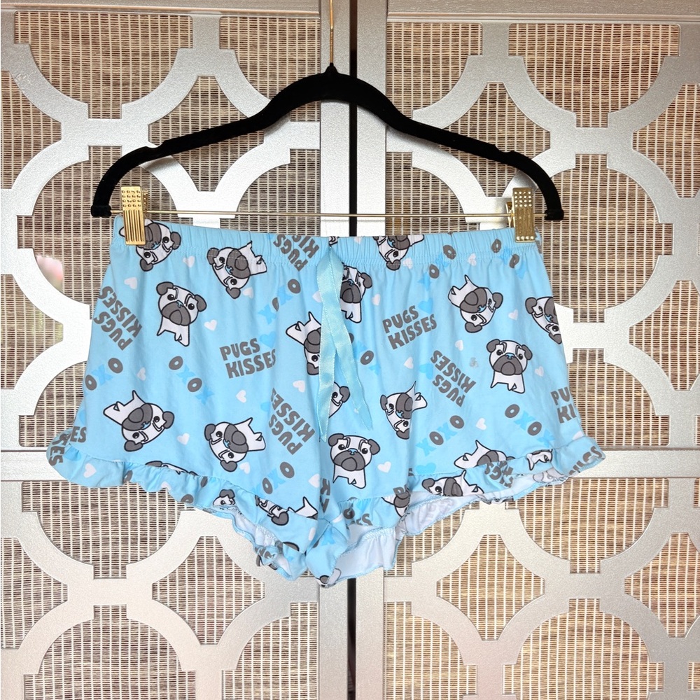 Source Unknown Light Blue Pug Print Pajama Shorts With little Stain In back